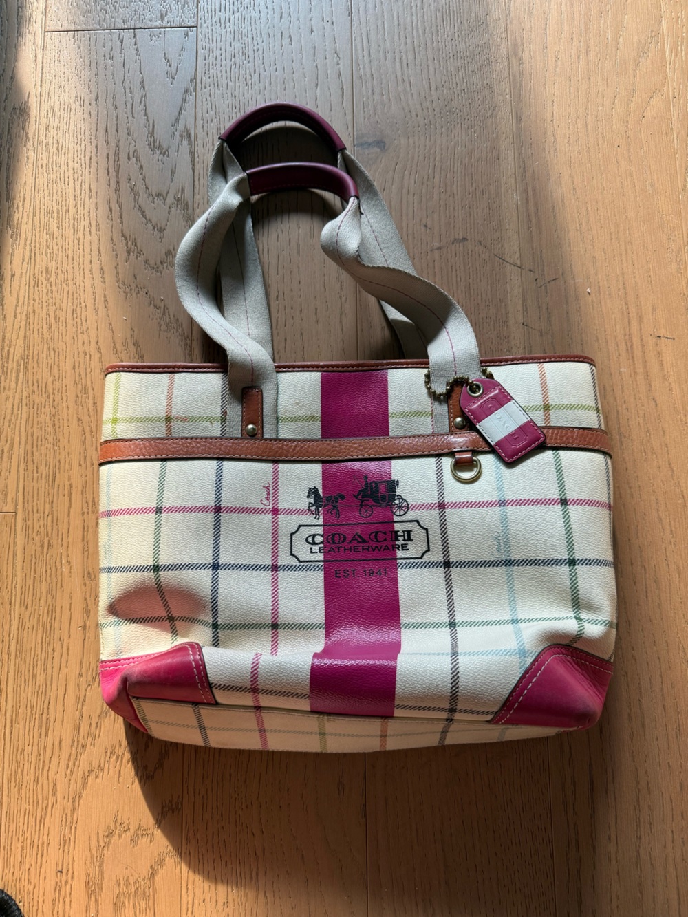 Coach Heritage Tattersall Plaid Tote Bag Medium Cream Multi Coated Canvas Purse